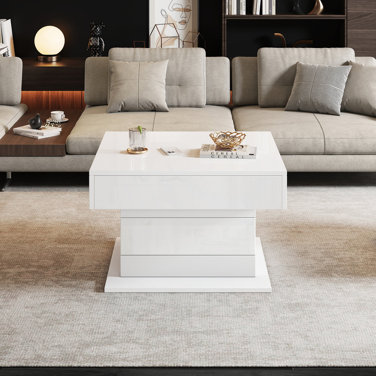 360 Rotating Coffee Table - Highgloss Lift-Top Centre Table with Drawers