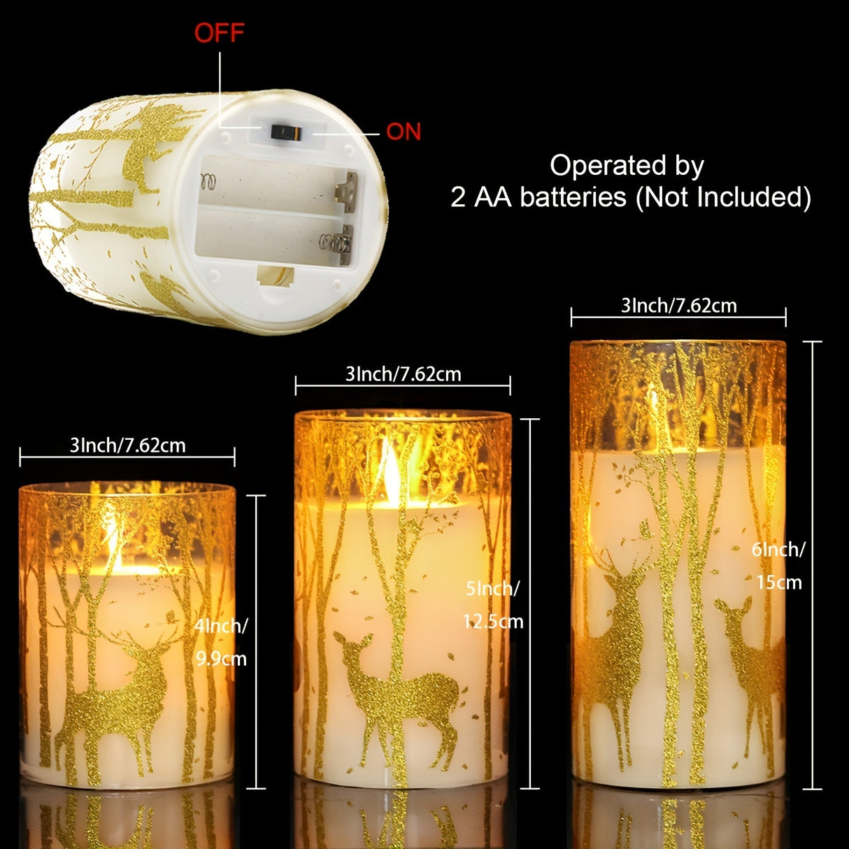 3pcs Real Wax Pillar Candles With Deer Decoration And A Remote Control Timer, Powered By Batteries, With LED Flickering Lights, For Holiday Decoration, Valentine's Day, Confession, Proposal Gift, Parties, Outdoor Camping, Chr Julia M LifeStyles