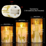 3pcs Real Wax Pillar Candles With Deer Decoration And A Remote Control Timer, Powered By Batteries, With LED Flickering Lights, For Holiday Decoration, Valentine's Day, Confession, Proposal Gift, Parties, Outdoor Camping, Chr Julia M LifeStyles