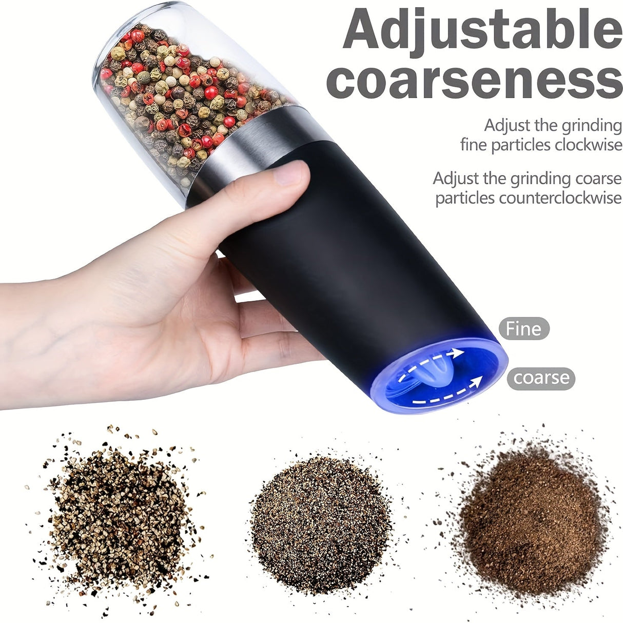 [Electric Salt Grinder] Electric Salt And Pepper Grinder Set, 110ml, 6 Adjustable Coarseness, LED, Automatic, Black And Silver, 1/2 Packs Julia M LifeStyles