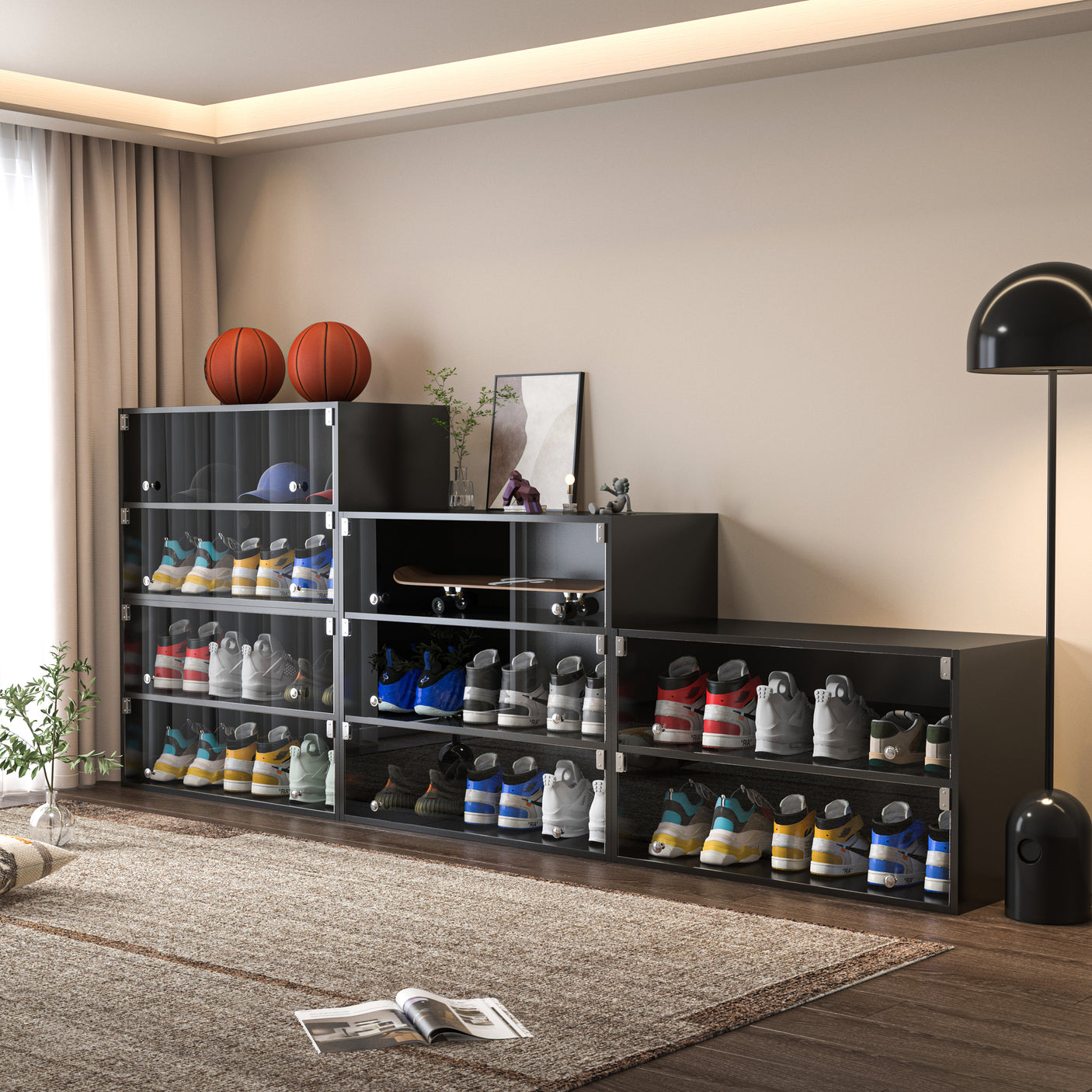 Black Glass Door Shoe Box Shoe Storage Cabinet For Sneakers With RGB Led Light - Julia M LifeStyles