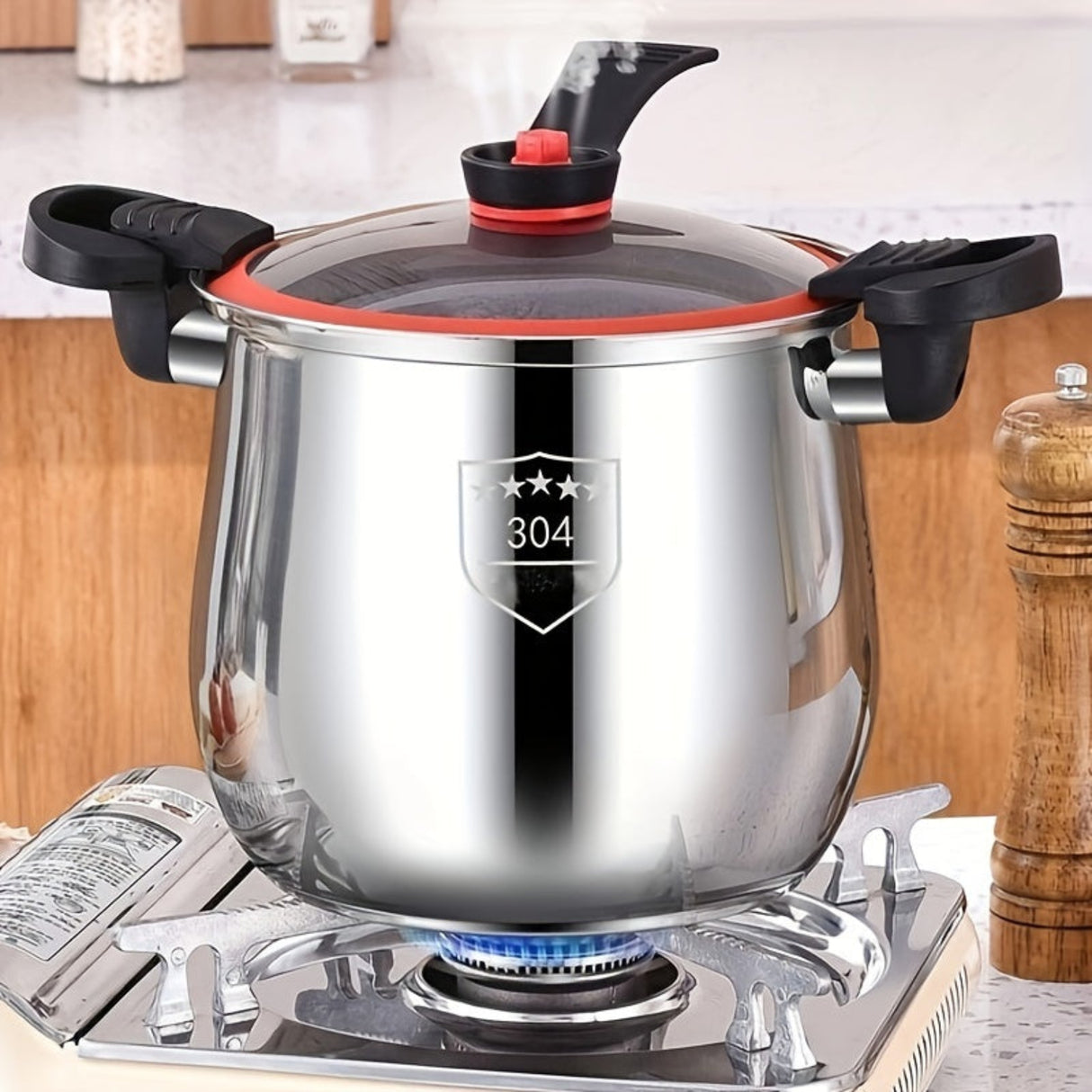 Stainless steel pressure cooker with '304' marking on a stove