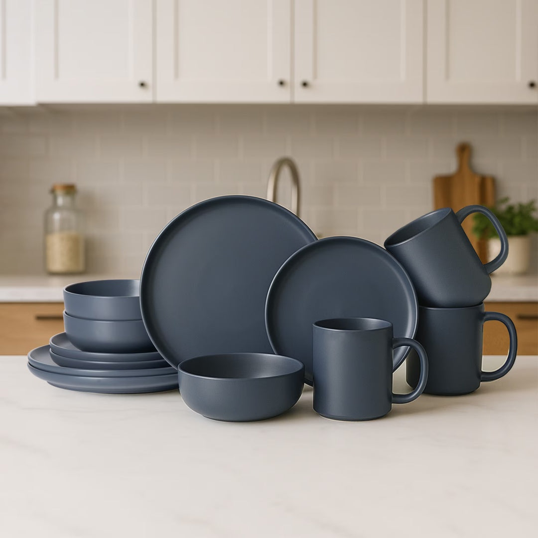 Premium 12-Piece Blue Stoneware Dinnerware Set with Mugs – Elegant Matte Glaze, Microwave & Dishwasher Safe