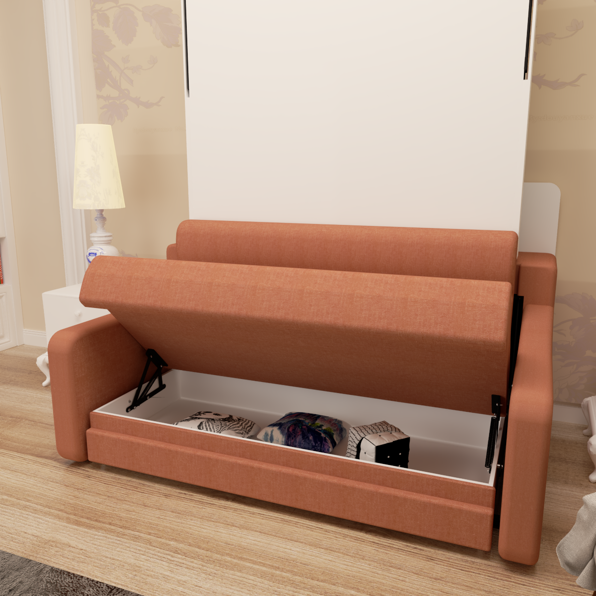 Full size Morden Deisgn vertical Murphy bed with sofa and drawers, white wall bed, space saving hidden bed with new gas pillars