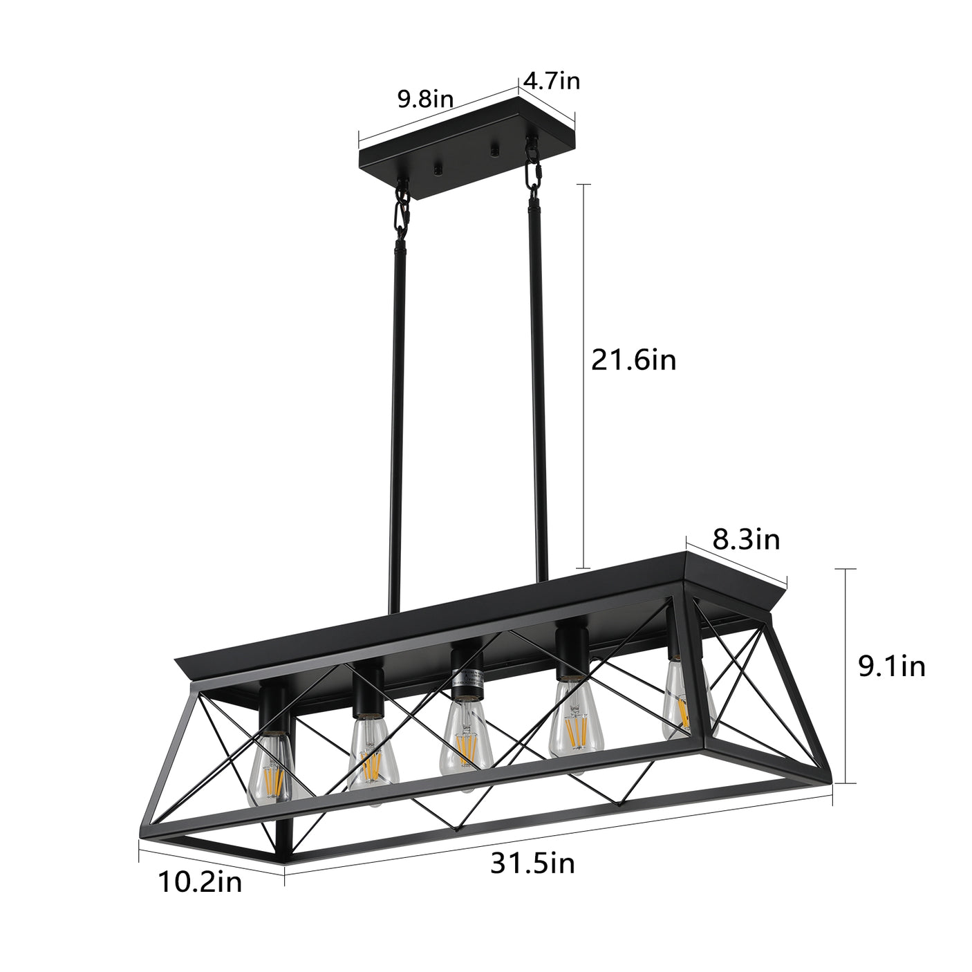 5-light farmhouse pendant light, metal pendant light island fixture, modern rectangular island light, pure black (no bulb) - Julia M LifeStyles