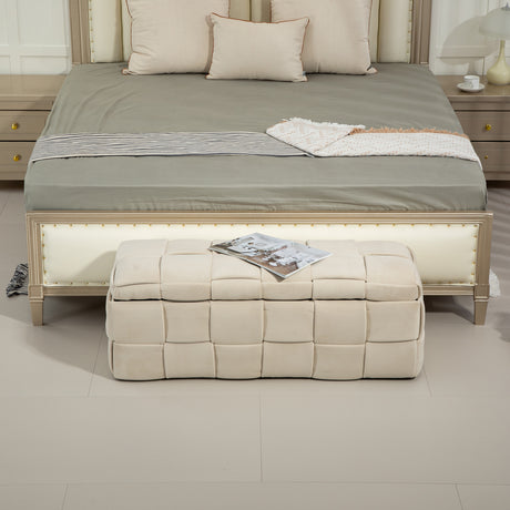 storage Ottoman chair, bedroom end stool, cushioned fabric entrance cushioned footstool with safety hinge (beige)