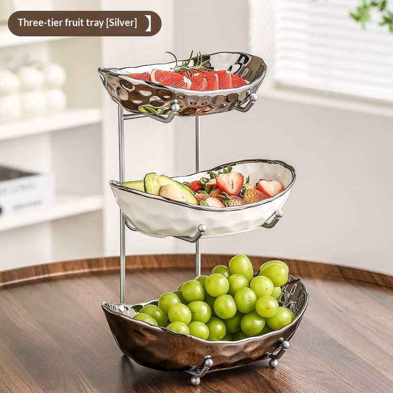Multi-Layer Light Luxury Ceramic Fruit Tray with Electroplated Gold or Silver Frame