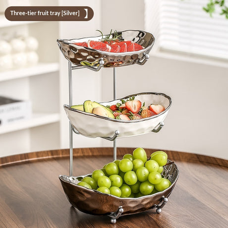 Multi-Layer Light Luxury Ceramic Fruit Tray with Electroplated Gold or Silver Frame