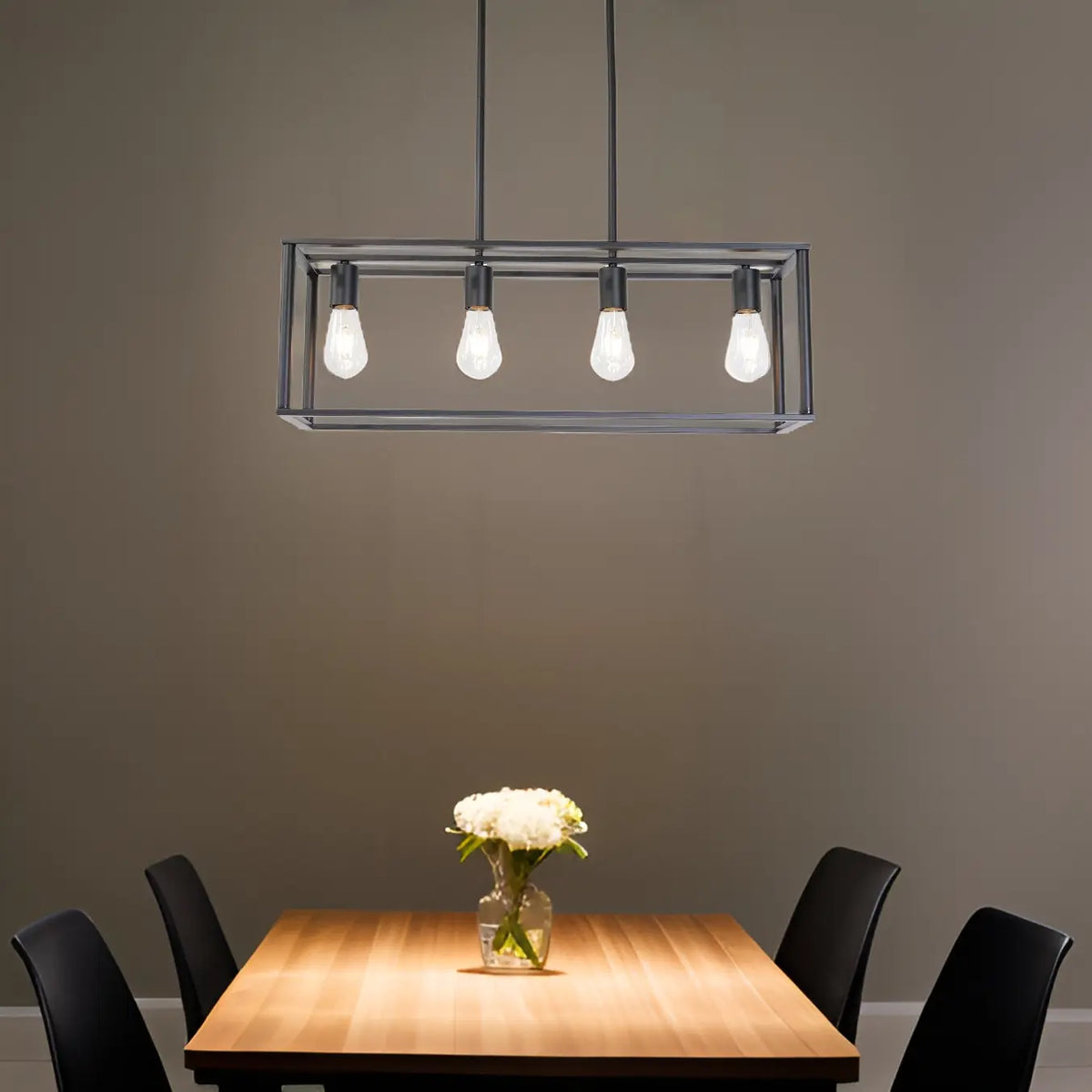 Pendant Lighting 4 Light Industrial Vintage Open Frame Rectangle Chandeliers Modern Black Linear Cage Ceiling Light Fixture - Julia M LifeStyles