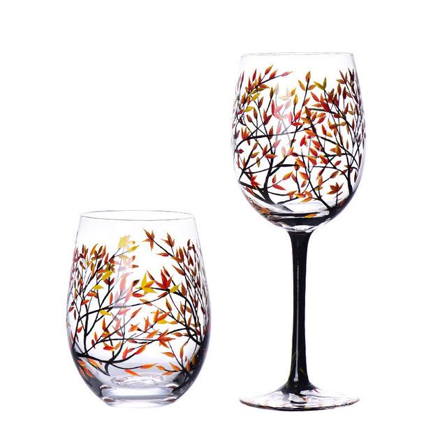 Light luxury ins crystal glass wine glass hand-painted household goblet four seasons painted wine glass - Julia M LifeStyles