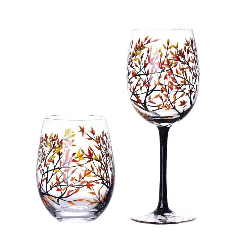 Hand-painted crystal glass wine goblet with four seasons design on premium crystal