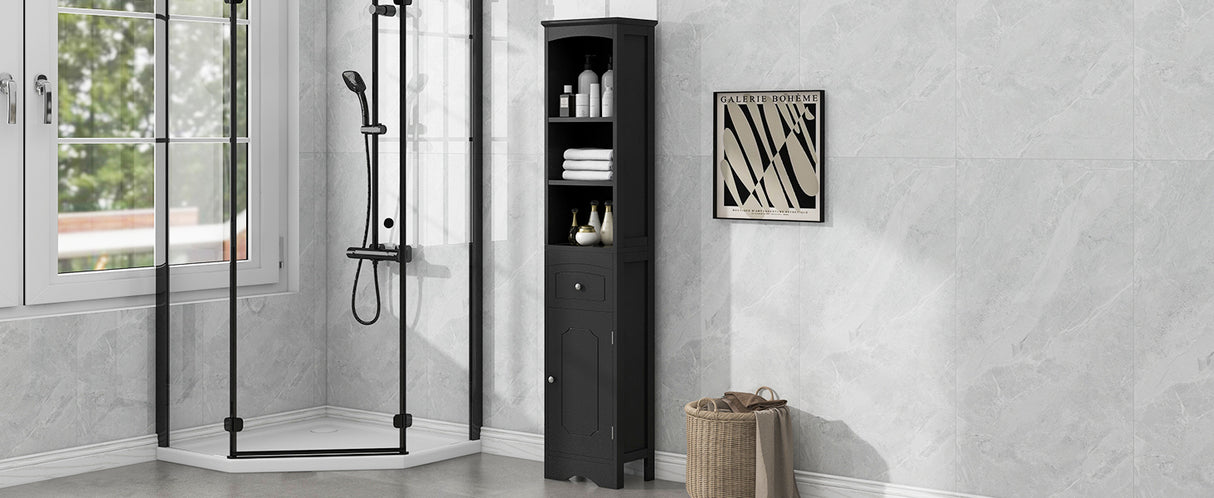 Tall Bathroom Cabinet, Freestanding Storage Cabinet with Drawer, MDF Board, Adjustable Shelf, Black