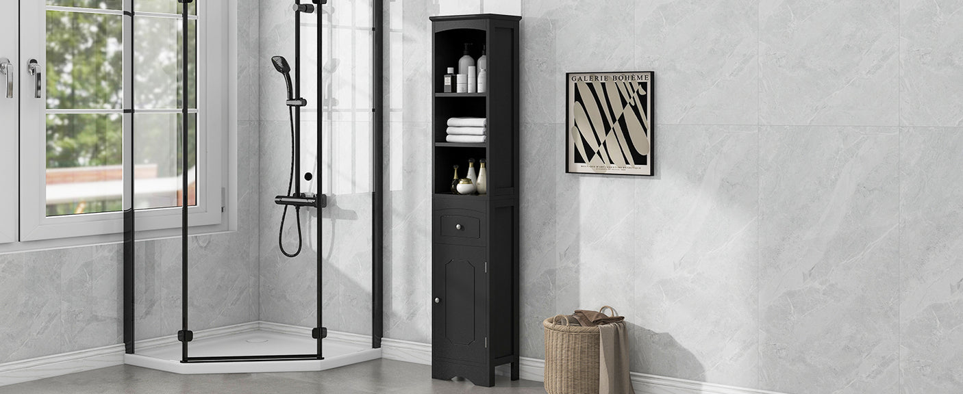 Tall Bathroom Cabinet, Freestanding Storage Cabinet with Drawer, MDF Board, Adjustable Shelf, Black - Julia M LifeStyles