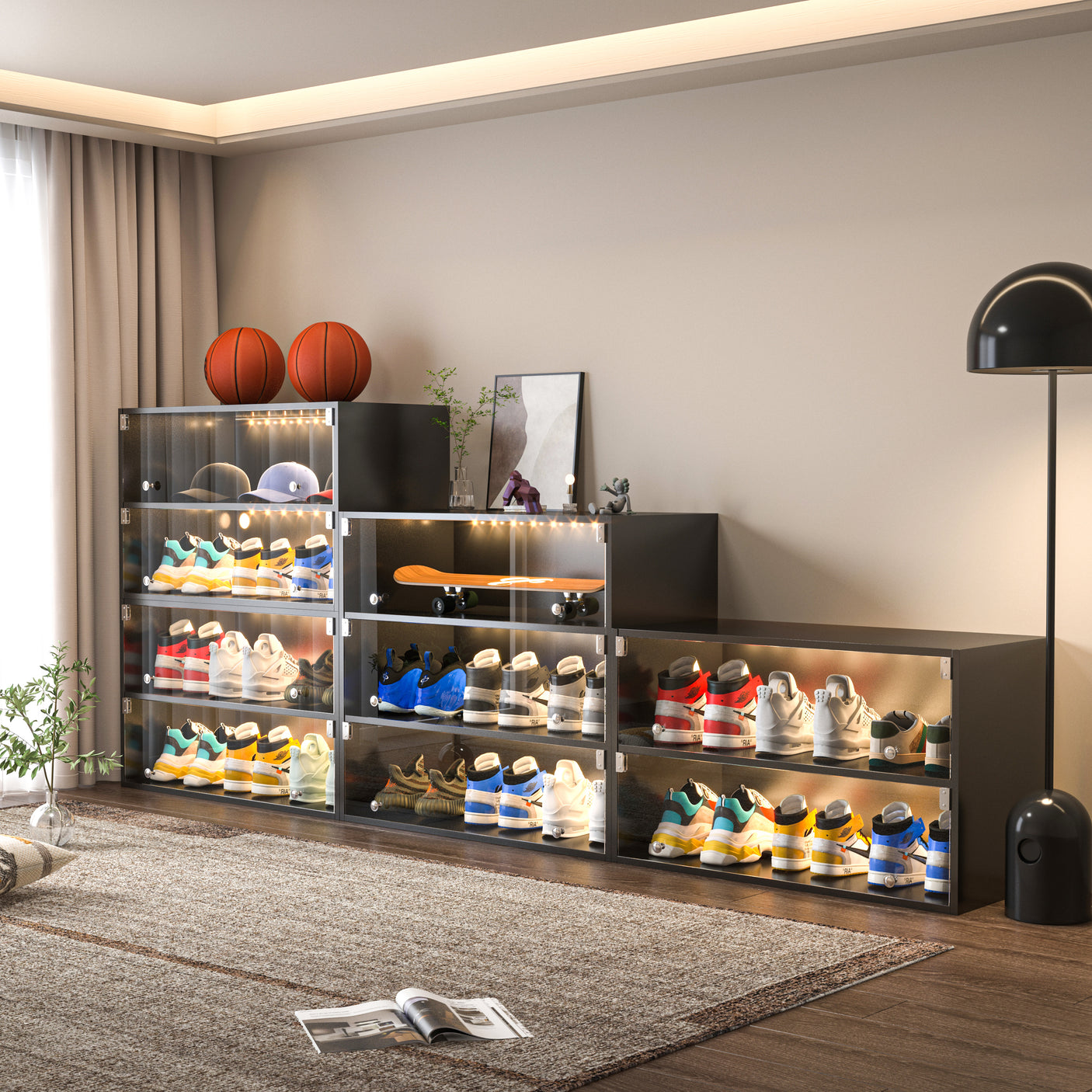 Black Glass Door Shoe Box Shoe Storage Cabinet For Sneakers With RGB Led Light - Julia M LifeStyles