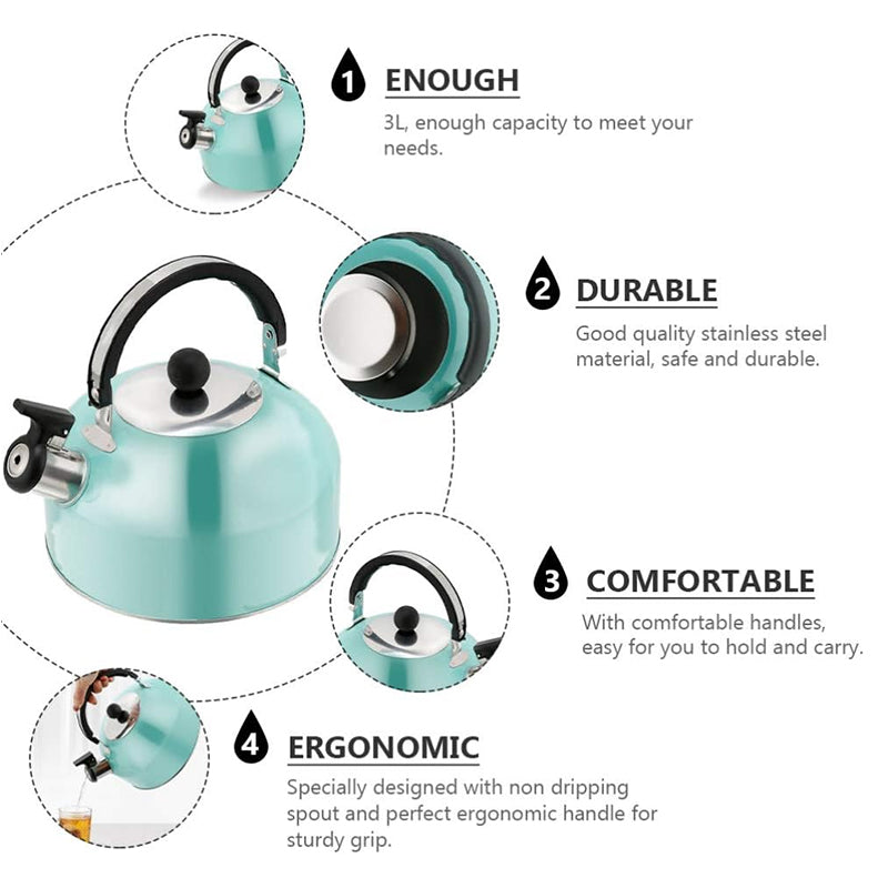 A 3L stainless - steel kettle for gas heating. It features a whistle and a comfortable handle, suitable for cooking and tea. Julia M Home & Kitchen