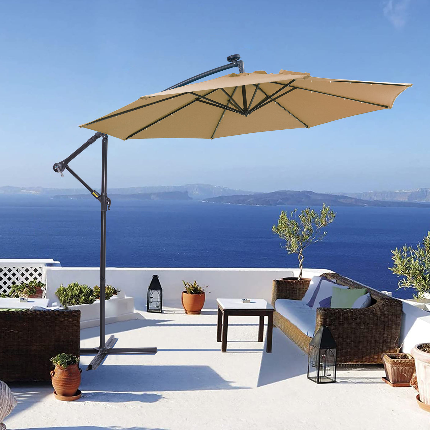10 FT Solar LED Patio Outdoor Umbrella Hanging Cantilever Umbrella Offset Umbrella Easy Open Adustment with 32 LED Lights -taupe - Julia M LifeStyles
