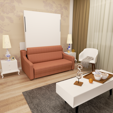 Full size Morden Deisgn vertical Murphy bed with sofa and drawers, white wall bed, space saving hidden bed with new gas pillars