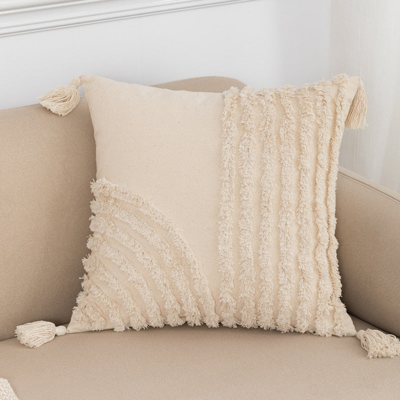 Tassels Cushion Cover 45x45cm - Beige and White Boho Decor - Julia M LifeStyles