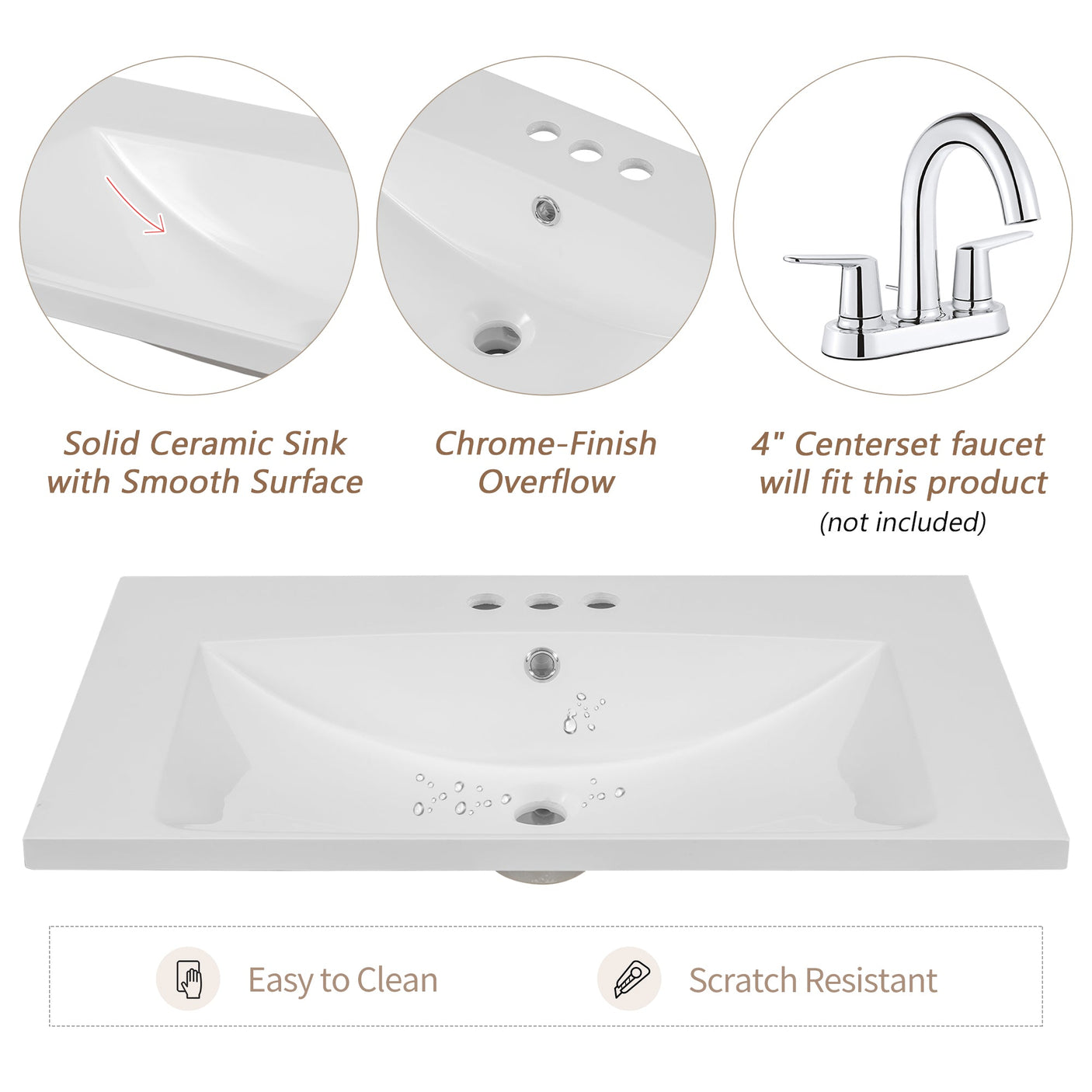 30" Single Bathroom Vanity Top with White Basin  3-Faucet Holes  Ceramic White Julia M Home & Kitchen