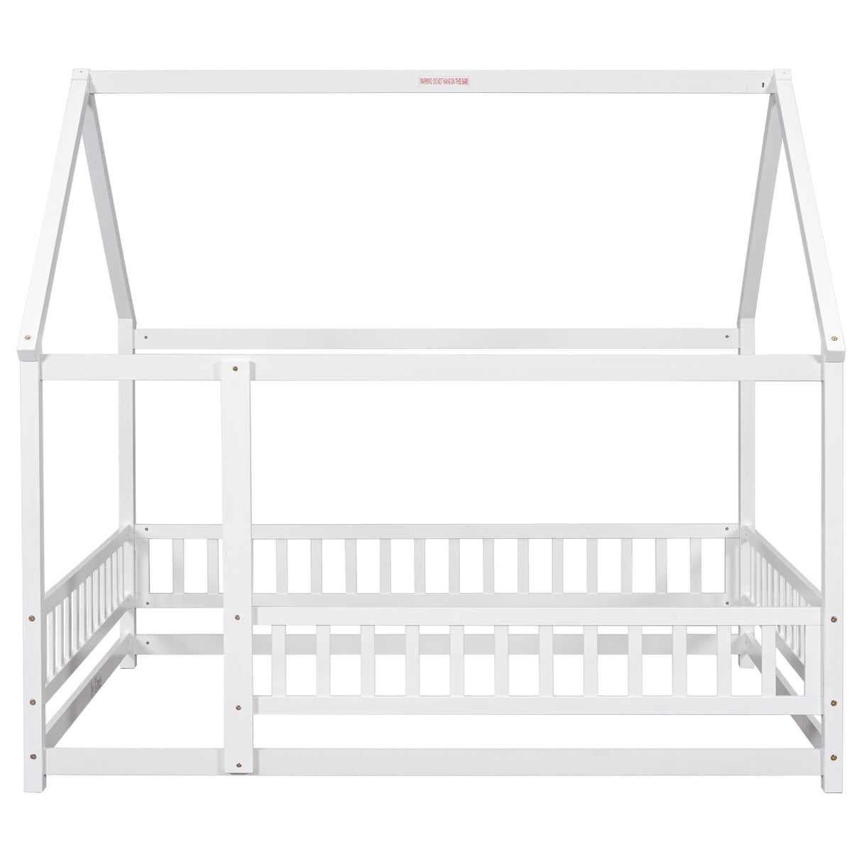 Full Size Floor Wooden Bed with House Roof Frame, Fence Guardrails ,White