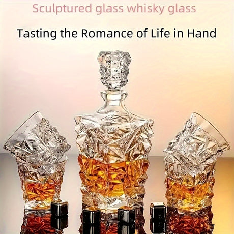 Sculptured glass whisky decanter and glasses with text on a gradient background