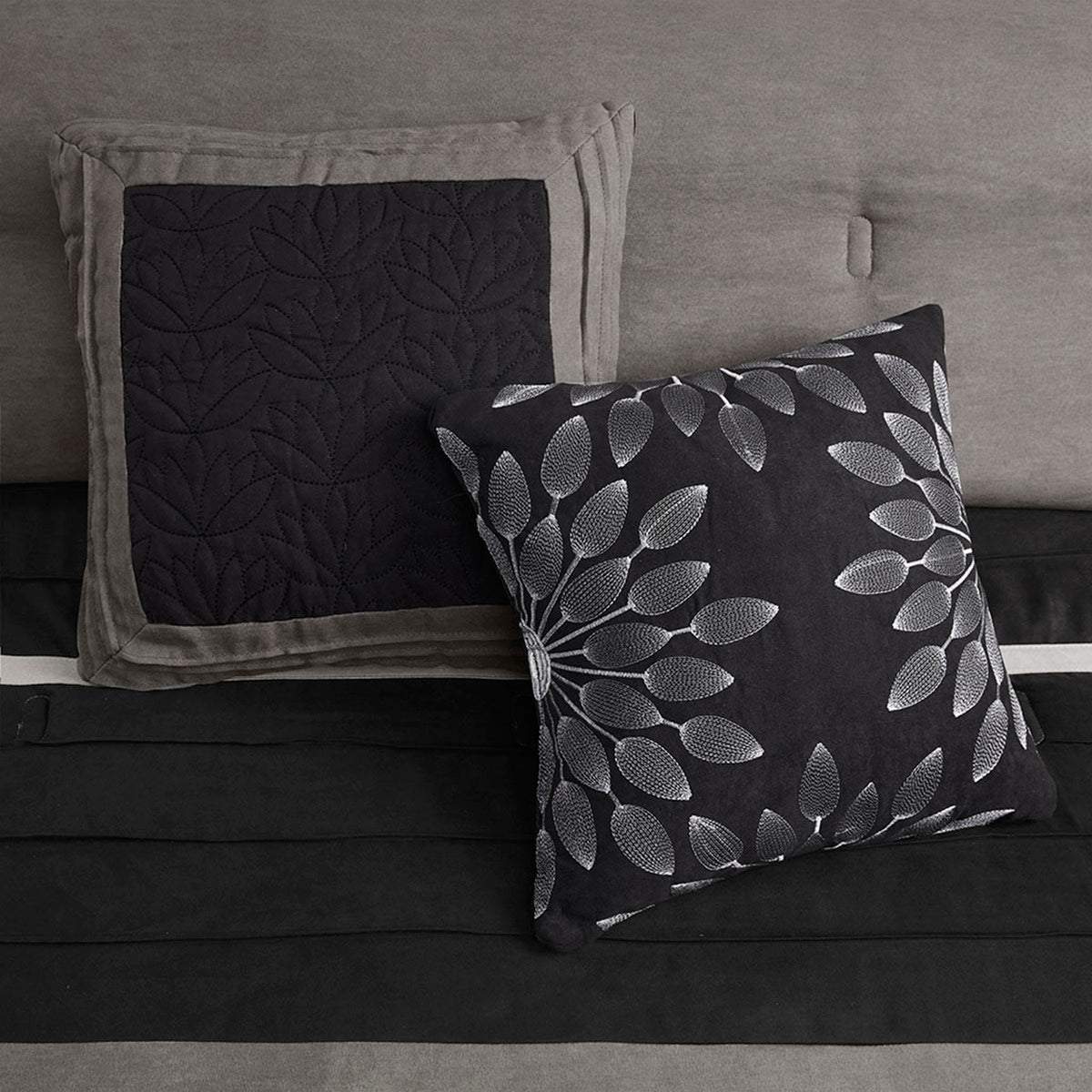 7 PC Pieced Faux Suede Comforter Set in Black - Queen Size