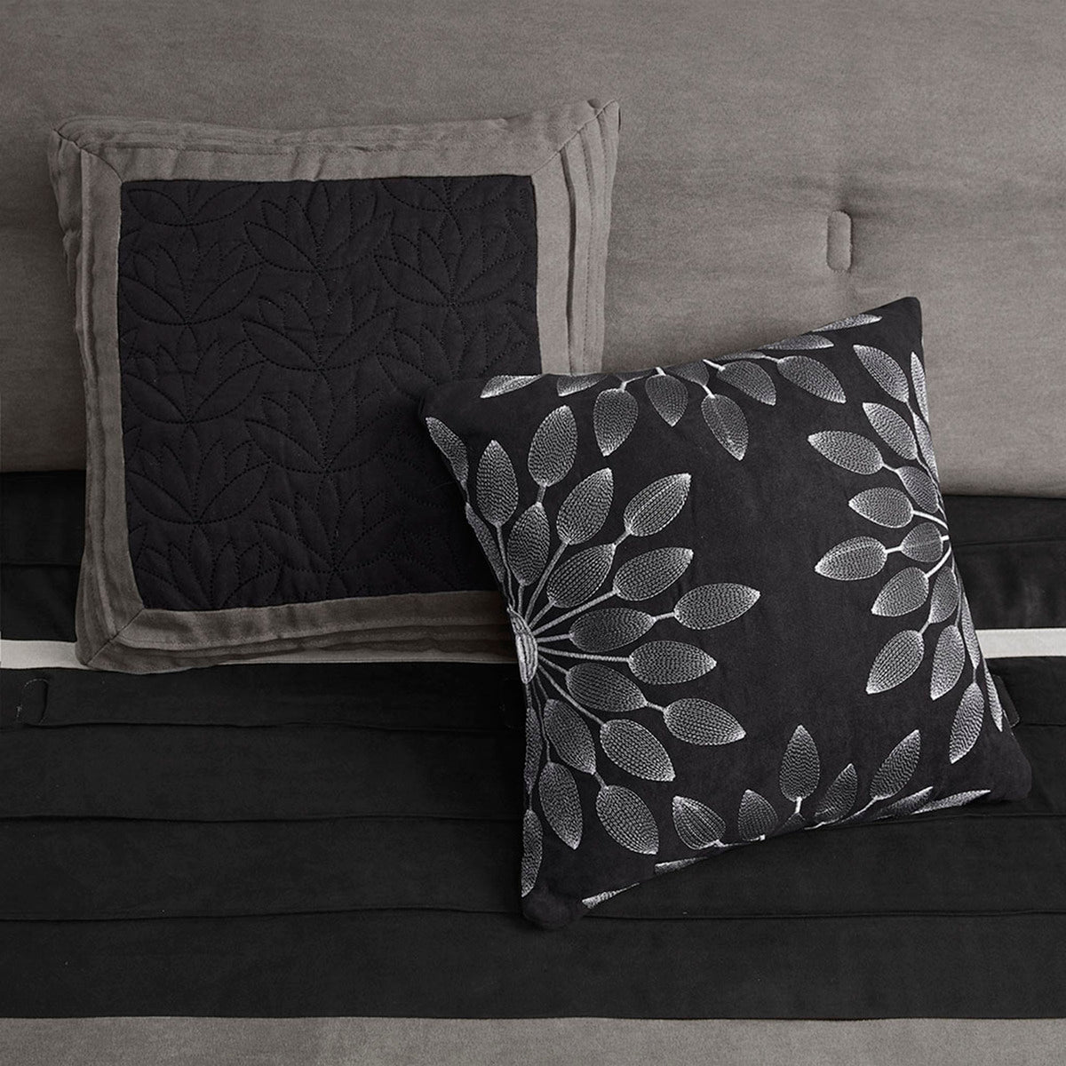 7 PC Pieced Faux Suede Comforter Set in Black - Queen Size