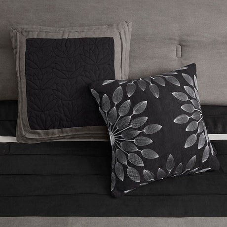 7 PC Pieced Faux Suede Comforter Set in Black - Queen Size