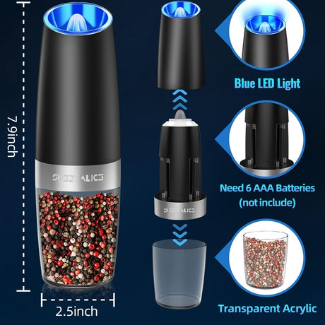 [Electric Salt Grinder] Electric Salt And Pepper Grinder Set, 110ml, 6 Adjustable Coarseness, LED, Automatic, Black And Silver, 1/2 Packs Julia M LifeStyles