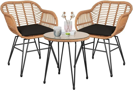 3 Piece Outdoor Wicker Furniture Bistro Set, Rattan Chairs Conversation Sets Porch Furniture - Julia M LifeStyles