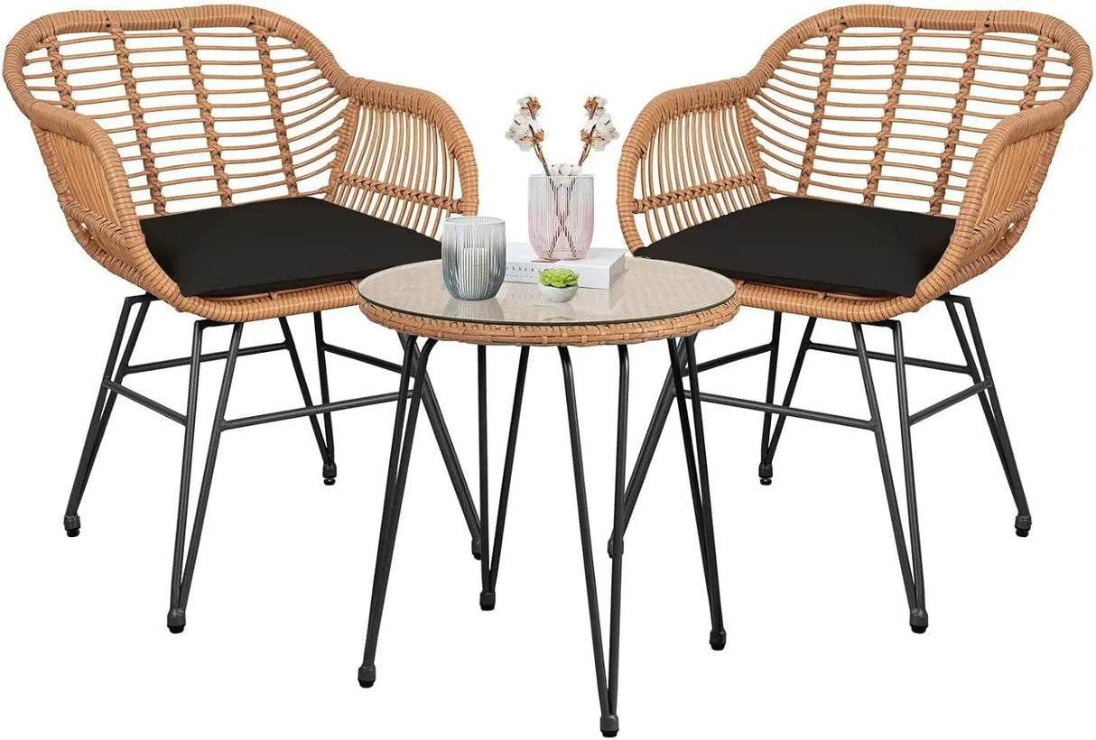 3 Piece Outdoor Wicker Furniture Bistro Set, Rattan Chairs Conversation Sets Porch Furniture - Julia M LifeStyles