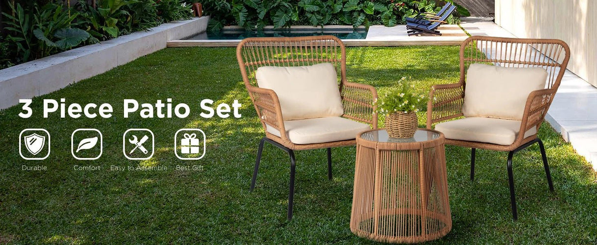 3 Piece Outdoor Wicker Furniture Bistro Set, Rattan Chairs Conversation Sets Porch Furniture - Julia M LifeStyles