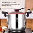 Stainless steel soup pot with red lid on a stove, kitchen setting