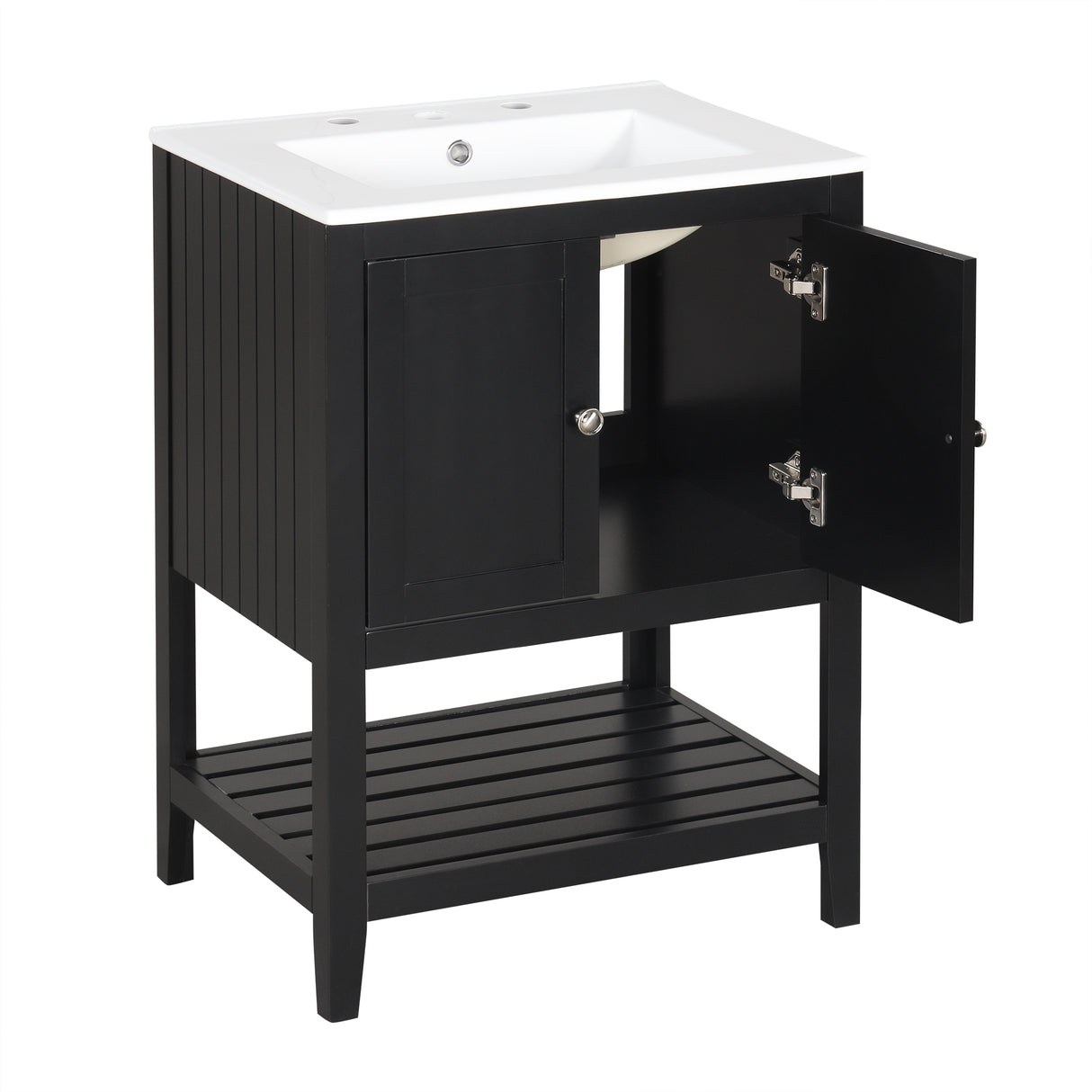 24" Black Modern Sleek Bathroom Vanity Elegant Ceramic Sink with Solid Wood Frame Open Style Shelf