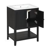 24" Black Modern Sleek Bathroom Vanity Elegant Ceramic Sink with Solid Wood Frame Open Style Shelf