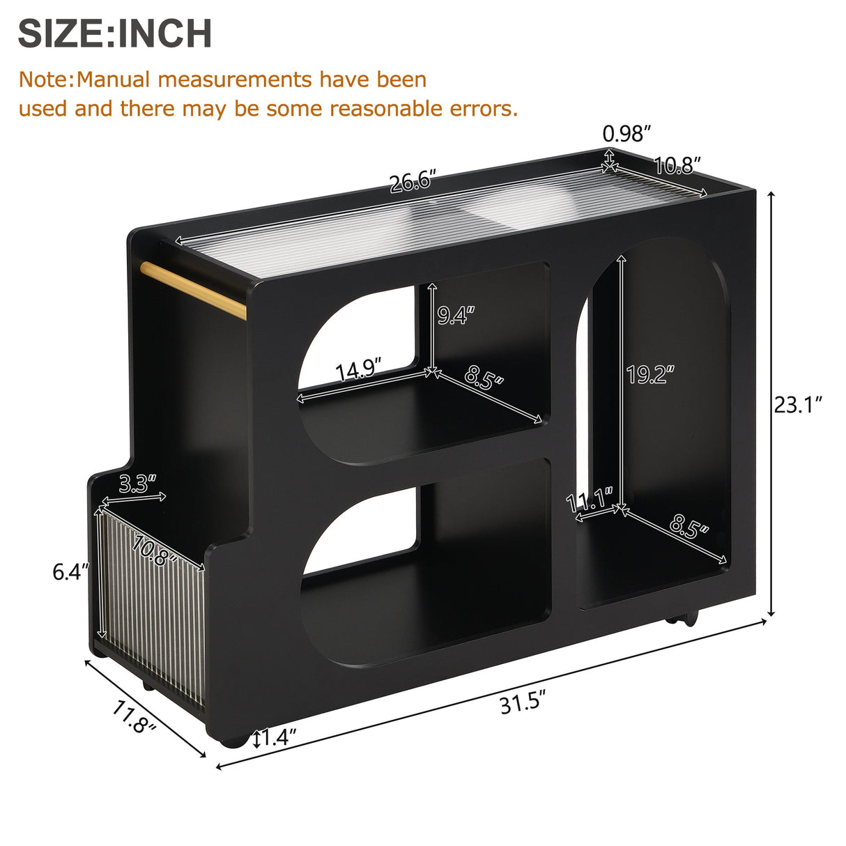 Stylish mobile desk with lockable wheels,bedside table with 5mm thick grooved tempered glass and gold round bars ，black Julia M Home & Kitchen