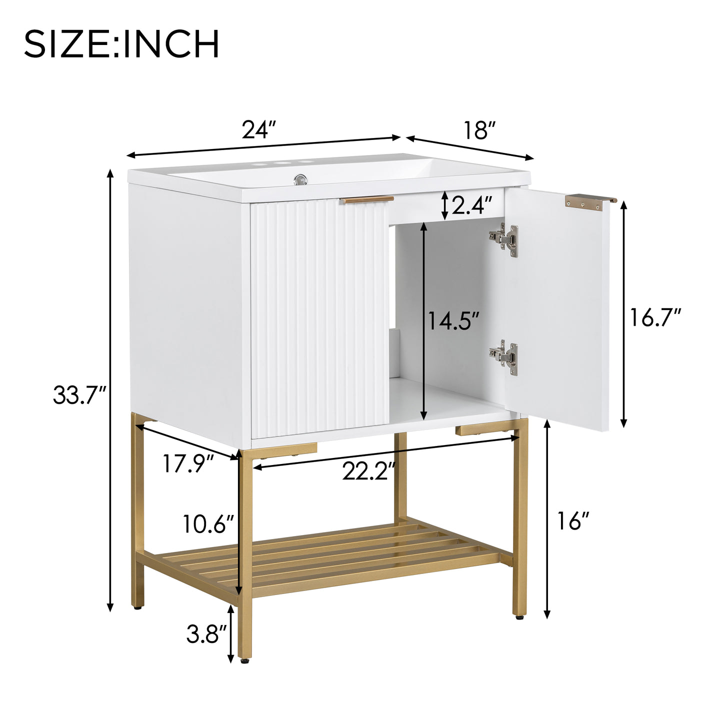 24" Bathroom Vanity with Sink, Bathroom Vanity Cabinet with Two Doors and Gold Metal Frame, Open Storage Shelf, White - Julia M LifeStyles