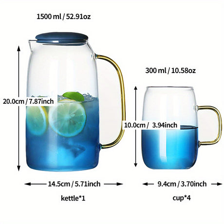 Set, Blue Clear Pitcher And Cups, 1.5L/50oz Glass Drink Pitcher And 300ml/10oz 4pcs Glass Water Cups With Handle, Glassware, Summer Winter Drinkware