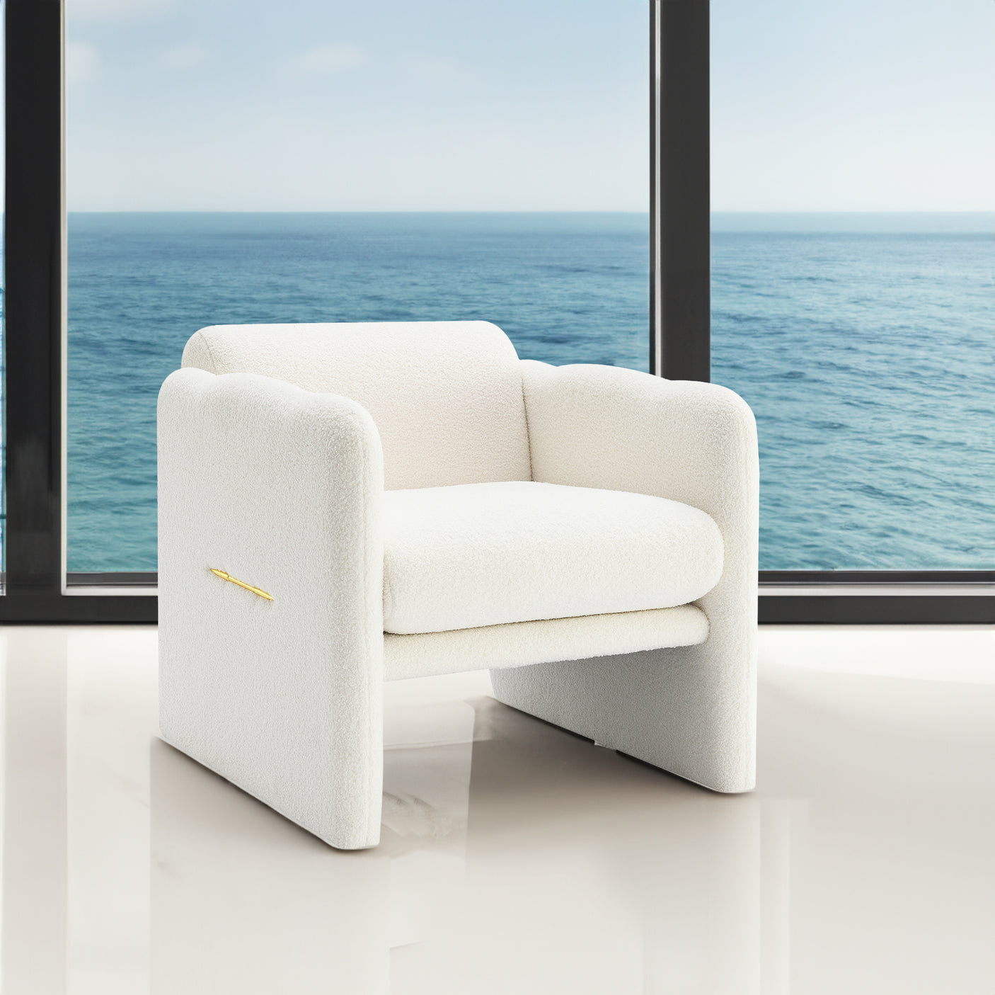 Armchair with wavy armrests, metal decorations on both sides of the armrests, made of Teddy cloth, white - Julia M LifeStyles