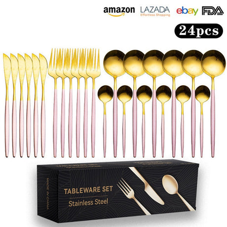 Cutlery Set Stainless Steel Knife Fork Set 24-Piece Tableware Set Golden Steak Knife Fork Spoon 6-Person Set eprolo