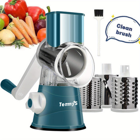 Rotary Cheese Grater and Vegetable Slicer - Kitchen Mandoline with 3 Interchangeable Blades, Easy-to-Clean for Fruits, Potatoes, Carrots, Nuts
