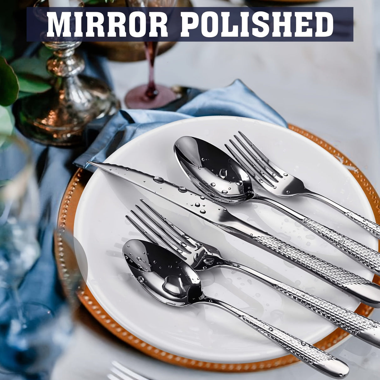 [Steel Flatware] 40pcs Stainless Steel Flatware Utensil Set | Ultra Sharp 2-IN-1 Serrated Knife, Modern Hammered Silverware Set For 8, Mirror Polished, Dishwasher Safe Julia M LifeStyles