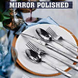 [Steel Flatware] 40pcs Stainless Steel Flatware Utensil Set | Ultra Sharp 2-IN-1 Serrated Knife, Modern Hammered Silverware Set For 8, Mirror Polished, Dishwasher Safe Julia M LifeStyles
