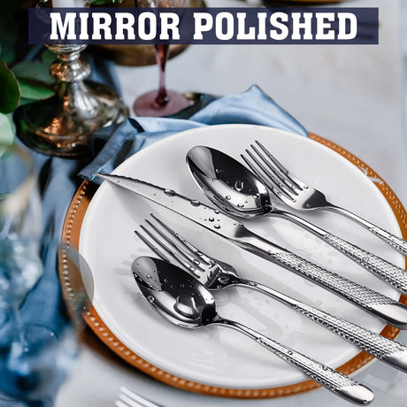 [Steel Flatware] 40pcs Stainless Steel Flatware Utensil Set | Ultra Sharp 2-IN-1 Serrated Knife, Modern Hammered Silverware Set For 8, Mirror Polished, Dishwasher Safe Julia M LifeStyles