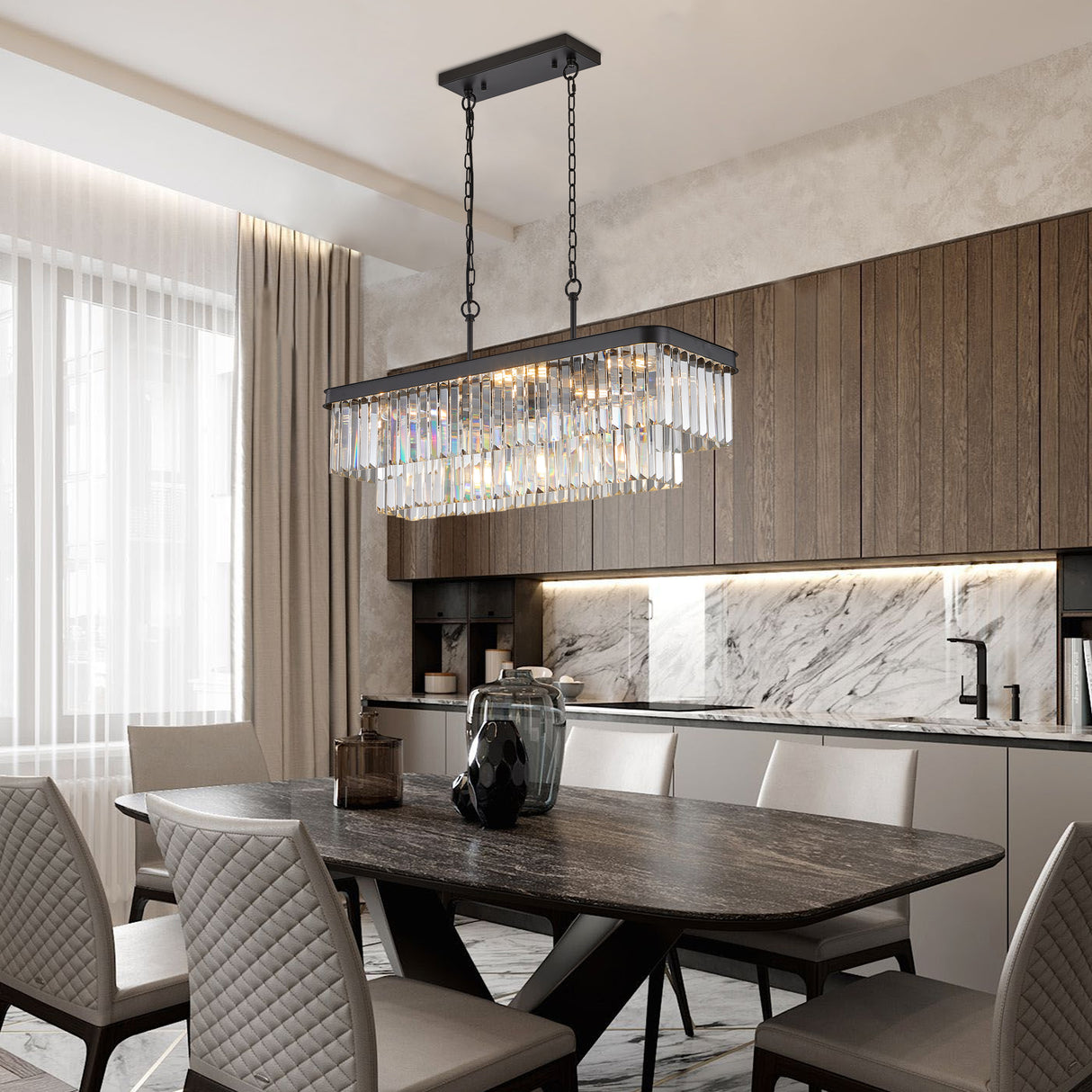 Chandeliers,Rectangular Crystal Chandelier Adjustable,E12 Modern Industrial Crystal Lights (Bulb Not Included)
