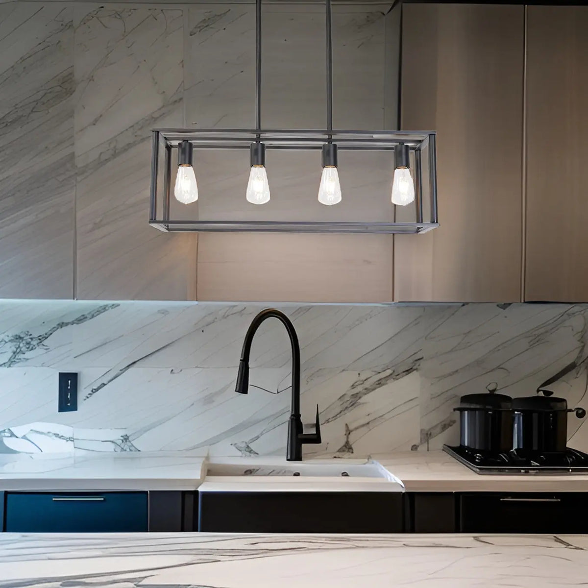 Pendant Lighting 4 Light Industrial Vintage Open Frame Rectangle Chandeliers Modern Black Linear Cage Ceiling Light Fixture - Julia M LifeStyles