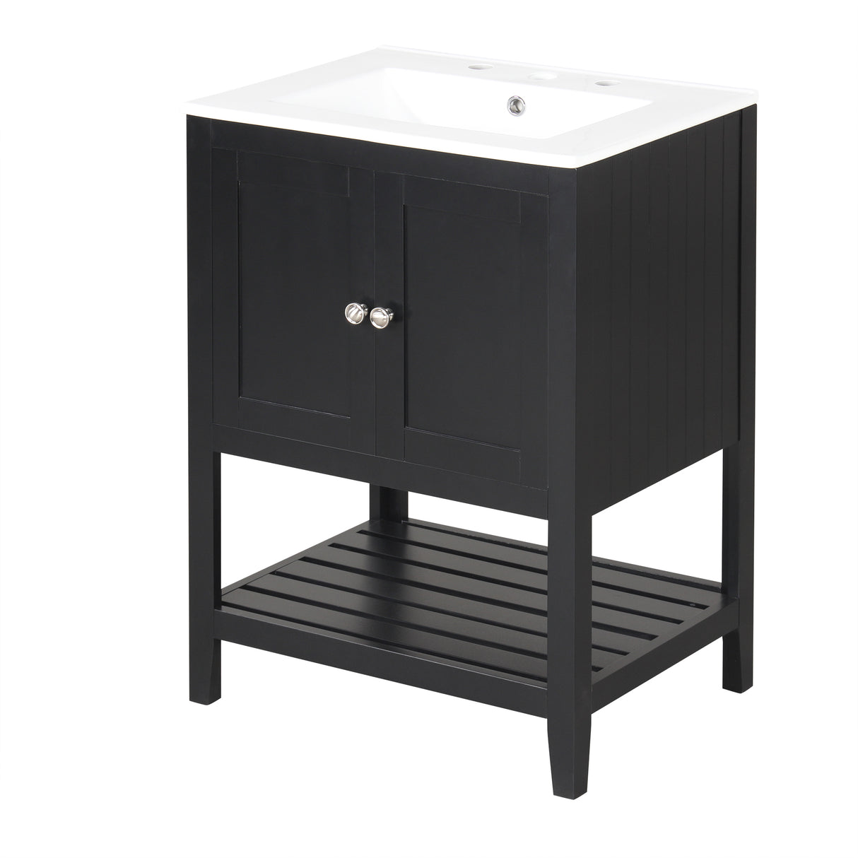 24" Black Modern Sleek Bathroom Vanity Elegant Ceramic Sink with Solid Wood Frame Open Style Shelf