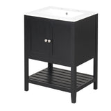 24" Black Modern Sleek Bathroom Vanity Elegant Ceramic Sink with Solid Wood Frame Open Style Shelf
