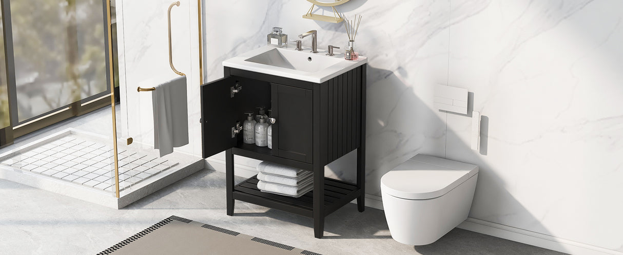 24" Black Modern Sleek Bathroom Vanity Elegant Ceramic Sink with Solid Wood Frame Open Style Shelf