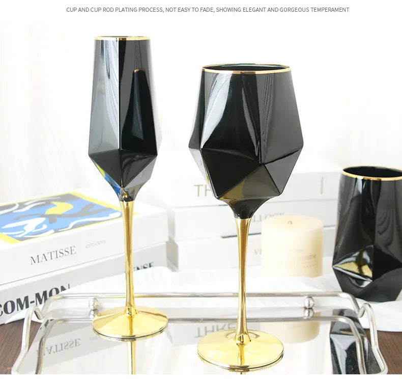 Pure Black Crystal Golden Edge Wine Glass Goblet Light Luxury Irregular Model Room Special Champagne Cup Whiskey Beer Glasses